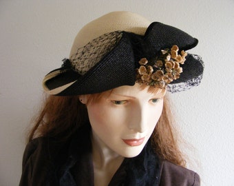 Vintage 1940s 40s Hat // Black & White Finely Woven Straw Hat // Great Gatsby Style // Spring Summer Garden Party Hat // Henry Ross