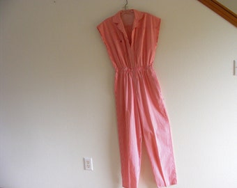 Vintage 1970's Red & White Striped Jumpsuit / Cotton Summer Romper size- S