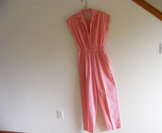 Vintage 1970's Red & White Striped Jumpsuit / Cot… - image 1