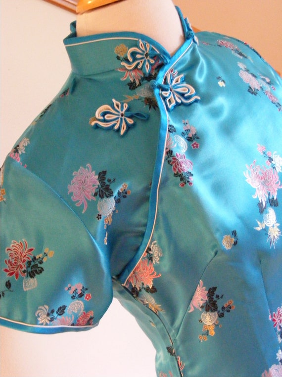 Vintage 1960s 60s Dress / Cheongsam Dress / Blue … - image 8