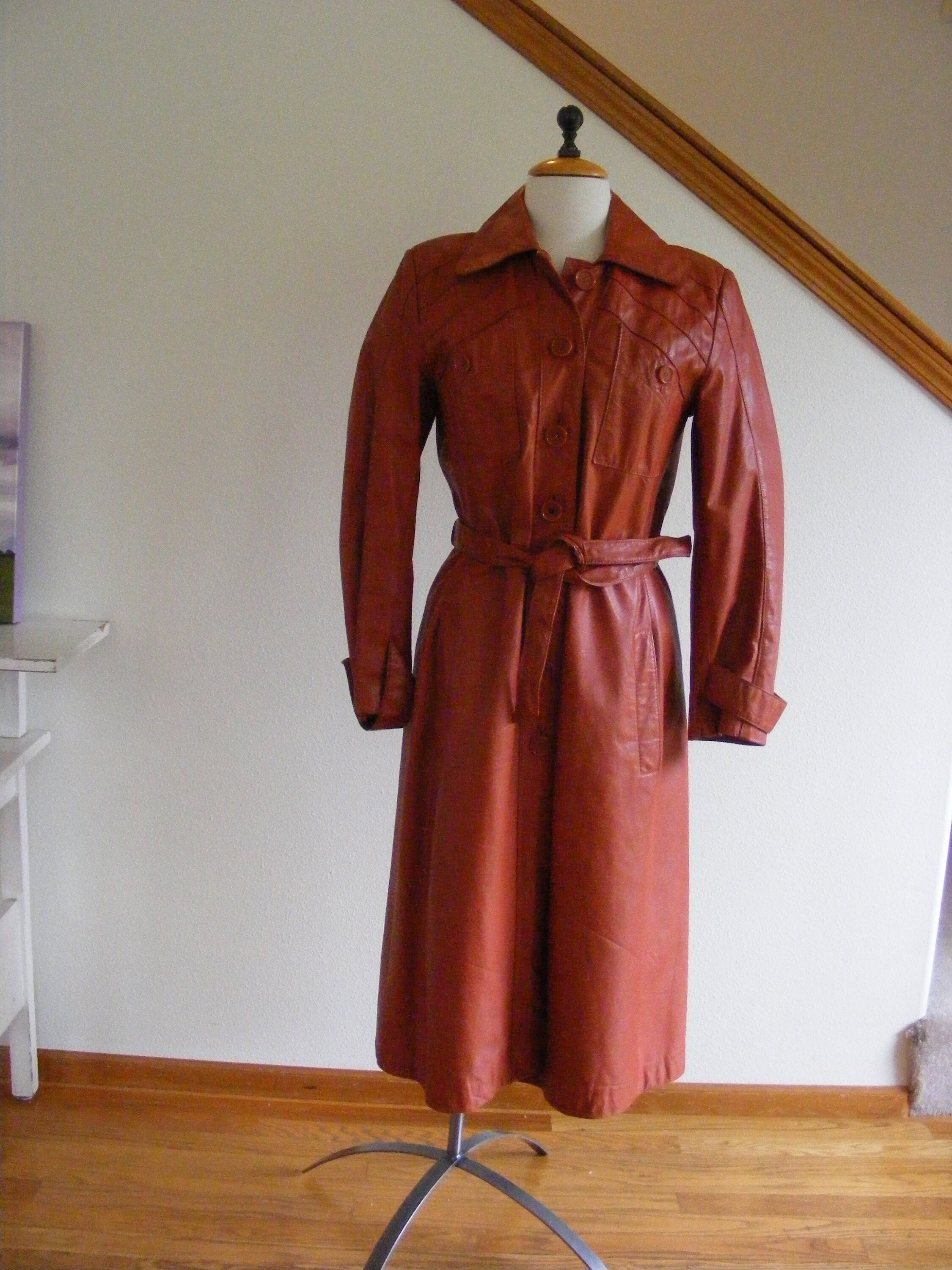 1970s Belted Leather Trench Coat Jacket / 70s Rust Brown Trench Coat ...