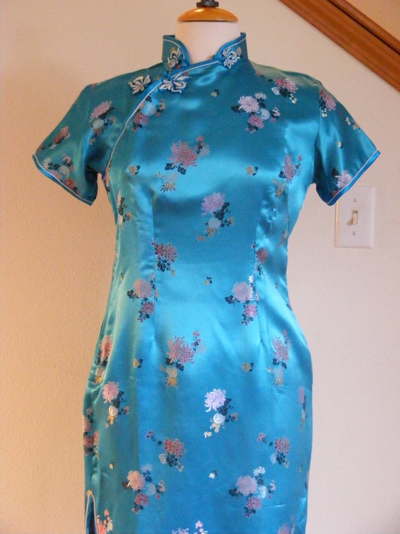 Vintage 1960s 60s Dress / Cheongsam Dress / Blue … - image 2