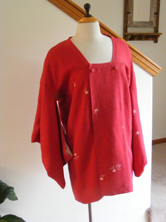 Vintage 1940s Red Silk Kimono Robe, Jacket Coat / 