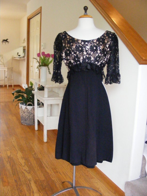 Mid Century Black Lace Illusion Dress / Another A… - image 1