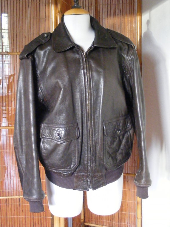 Vintage 190s 90s Brown Leather Bomber Flight Jacke