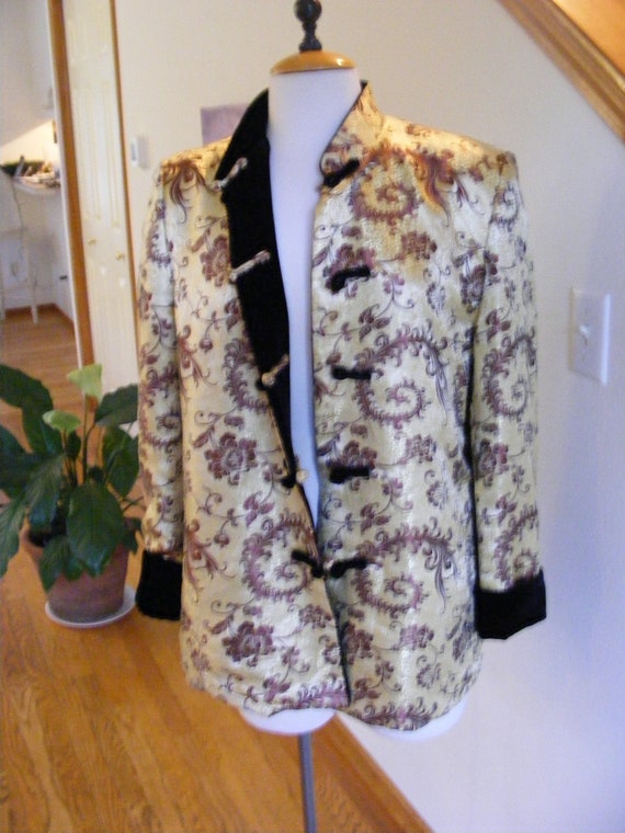 Vintage 1960s 60s Satin Brocade Velvet Jacket Robe Coat Black