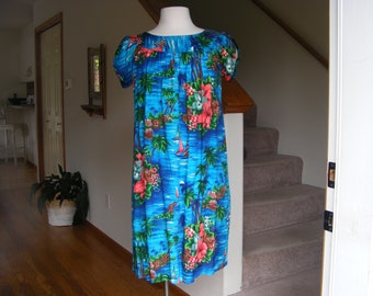 1960s Hawaiian Mumu Dress / 60s Blue Rayon Dress / Tropical Print Dress / Hawaii Tiki Dress / M