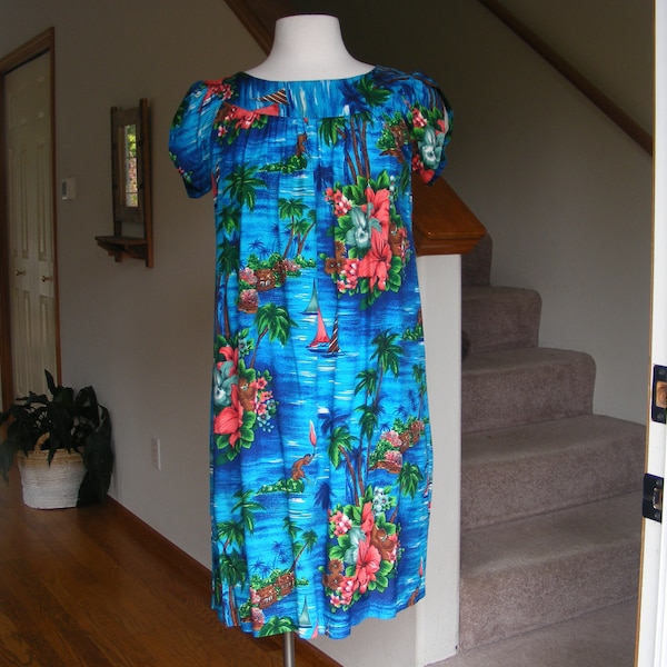 1960s Hawaiian Mumu Dress / 60s Blue Rayon Dress / Tropical Print Dress / Hawaii Tiki Dress / M