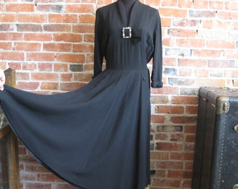 Vintage 1940s 40s Black Rayon Wiggle Dress with Full Skirt Apron Panel |Midi Dress | Rhinestone Detail |Rayon Crepe | Rockabilly Swing | M