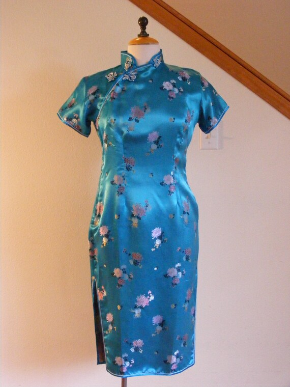 Vintage 1960s 60s Dress / Cheongsam Dress / Blue … - image 9