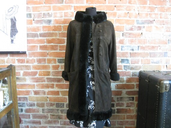 1960s Brown Suede Leather Coat Jacket With Black Sheepskin 