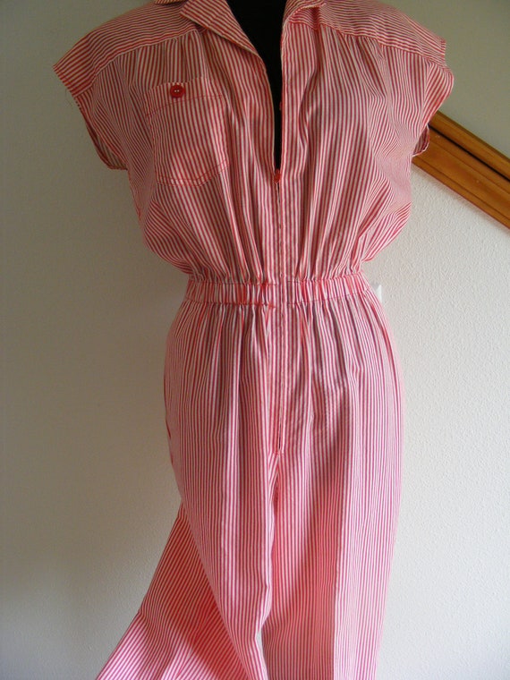 Vintage 1970's Red & White Striped Jumpsuit / Cot… - image 10