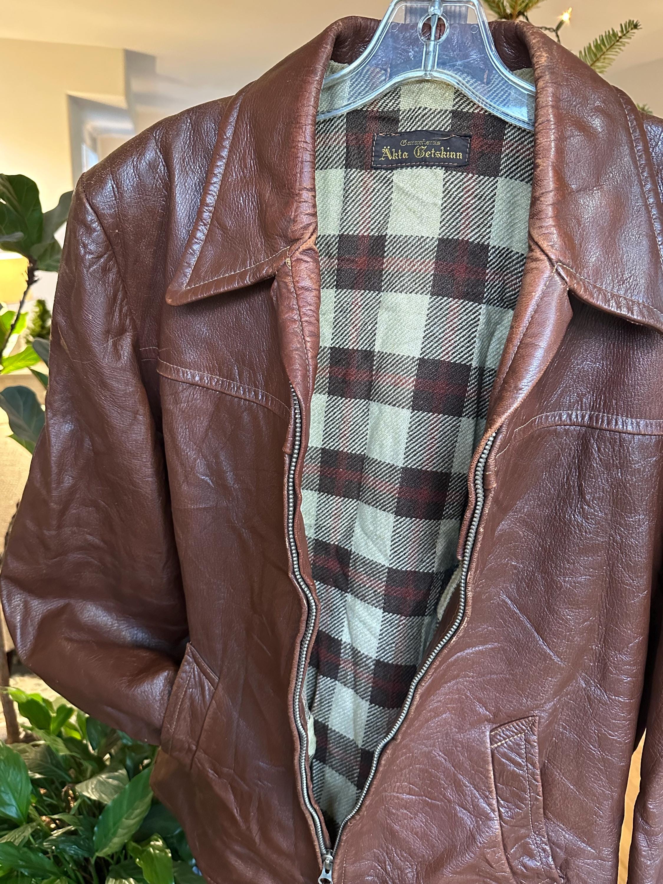 Vintage 70s Swedish Goatskin Leather Jacket: Akta Getskinn, Plaid