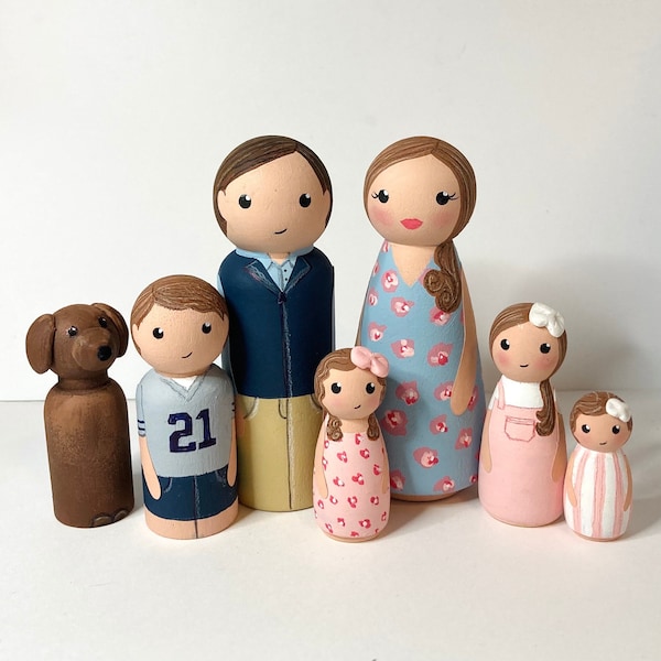 Peg-Puppenfamilie/Individuelles Familiengeschenk/Individuelle Peg-Puppen und Haustiere/Individuelle Peg-Puppen-Sets/Individuelle Puppenhausfamilie/Personalisierte Peg-Puppe