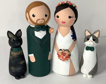 Personalisierter Hochzeitstorte Topper: Braut, Bräutigam & Haustier Peg Dolls Andenken