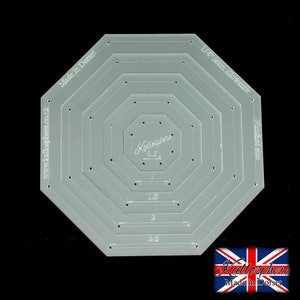 May include: A clear plastic octagon-shaped template with eight different sized octagons, labelled in inches: 0.5, 1, 1.5, 2, and 2.5. The template is labelled "Kallosphere" and "Made in Dorset".