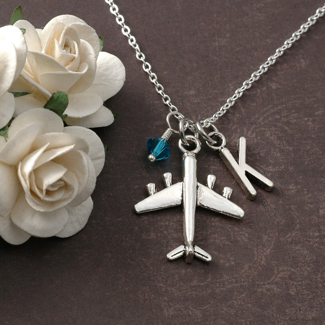 Airplane Necklace Silver Airplane Initial Necklace Etsy