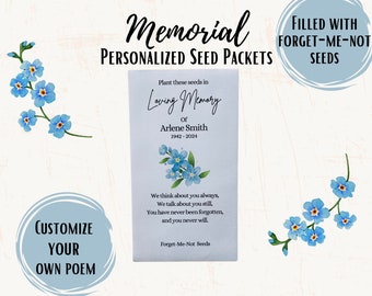 May include: A blue and white seed packet with the text "Memorial Personalized Seed Packets" and "Plant these seeds in Loving Memory of Arlene Smith 1942-2024". The packet is filled with forget-me-not seeds and has a poem about remembering someone who has passed away.