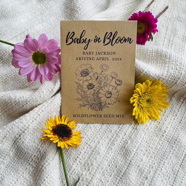 Baby In Bloom Wildflower Seed Packet Favors For Baby Shower, Custom Personalized Favors, Flower Seed Envelopes, Baby Shower
