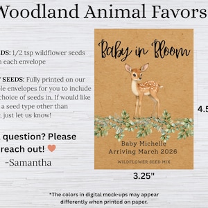 Woodland Animal Wildflower Seed Packet Favors For Baby Shower, Custom Personalized Favors, Woodland Creature Flower Seed Envelopes, image 7
