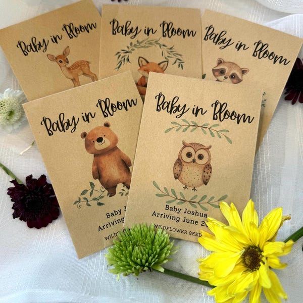Cadeaux en paquet de graines de fleurs sauvages d'animaux des bois pour baby shower, Cadeaux personnalisés personnalisés, Enveloppes de graines de fleurs de créature des bois,