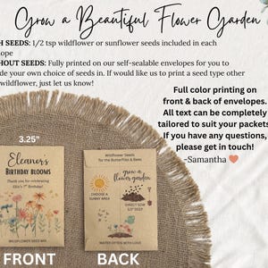 May include: Two seed packet designs, 3.25 inches wide by 4.5 inches tall, are displayed. One is for Eleanor's birthday, the other says "grow a flower garden." The text "Grow a Beautiful Flower Garden" is at the top. The packets are on a burlap surface.