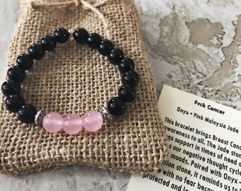 Breast Cancer Awareness onyx and pink malaysia jade 8mm natural stone beaded bracelet