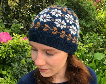May include: A navy blue knit hat with a white and brown snowflake pattern.
