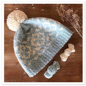 Puede incluir: Un gorro de punto azul y blanco con un pompón blanco. El gorro tiene un patrón de copo de nieve. Se muestran dos ovillos de lana, uno blanco y otro azul.