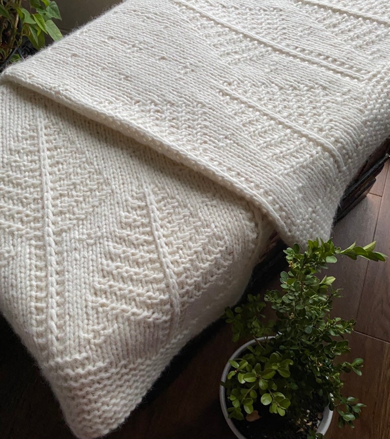 May include: A white knitted throw blanket with a geometric pattern. The blanket is folded in half and draped over a wooden surface.