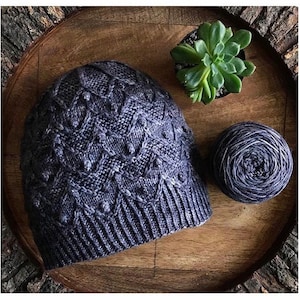 以下が含まれることがあります： ケーブル編みの模様が入った濃い青色のニット帽。帽子は、小さな鉢植えの多肉植物と毛糸玉のある木製の表面の上に置かれています。