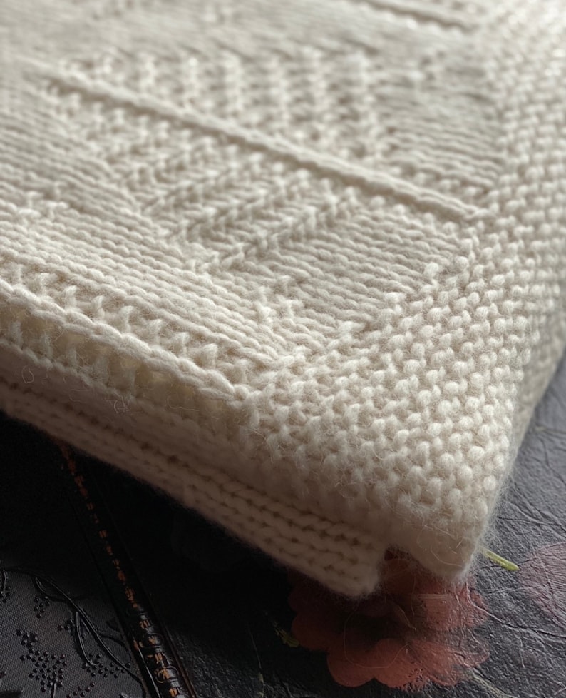 May include: A white knitted blanket with a textured pattern. The blanket is folded and the edge is visible.