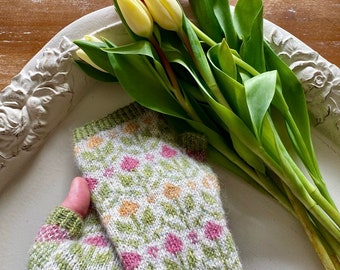 Magic of Spring Mitts knitting PATTERN, knitted mitts pattern, stranded colorwork pattern, diy, knit mitts pattern, PDF, instant download,