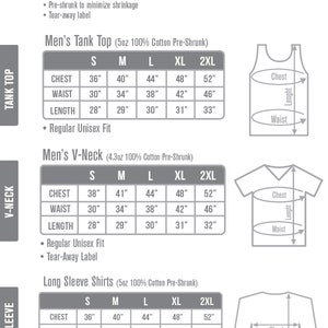 Pu&ograve; includere: Tabella delle taglie con misure in cm per t-shirt, canotte, scollo a V e camicie a maniche lunghe. Taglie dalla S alla 2XL. Include Adult Unisex Ringspun, Men's Tank Top e Men's V-Neck.