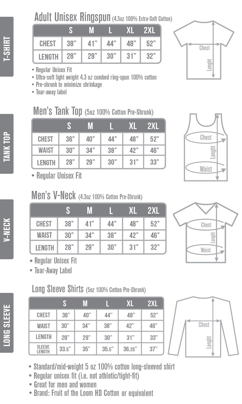 Pu&ograve; includere: Tabella delle taglie con misure in cm per t-shirt, canotte, scollo a V e camicie a maniche lunghe. Taglie dalla S alla 2XL. Include Adult Unisex Ringspun, Men's Tank Top e Men's V-Neck.