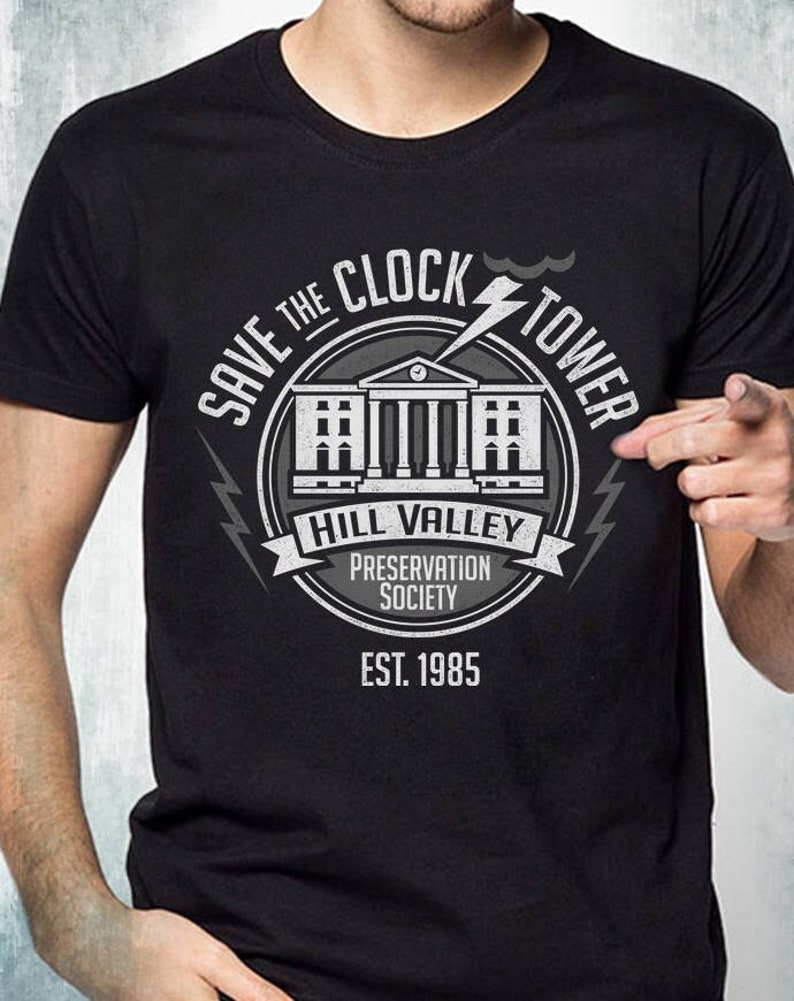 Save The Clock Tower Shirt Time Travel Design Fine Cotton Jersey Heren en dames dames T-shirt Unisex volwassen maten afbeelding 1