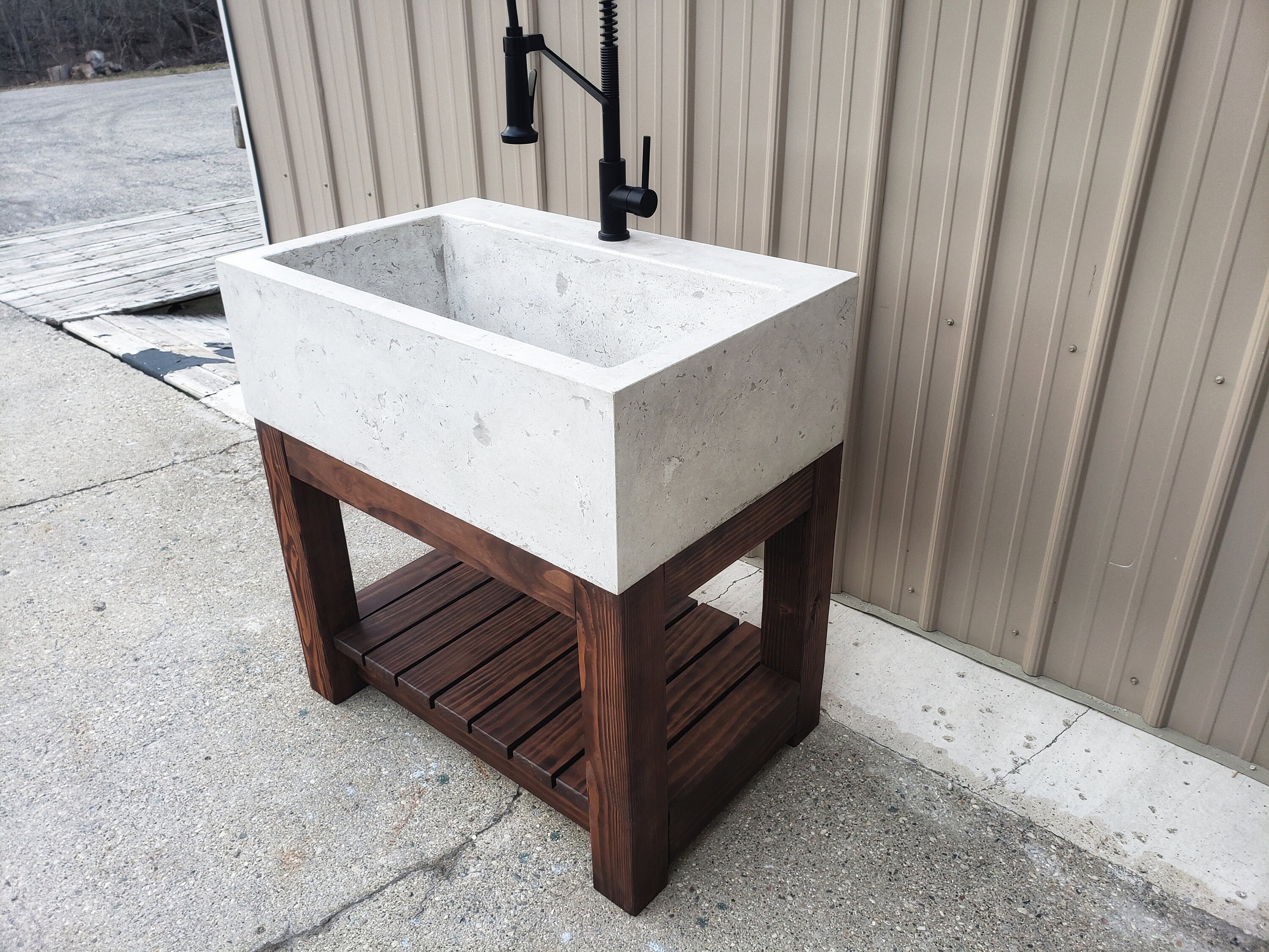 Concrete Farmhouse Sink white With Dark Walnut Stained Base Etsy