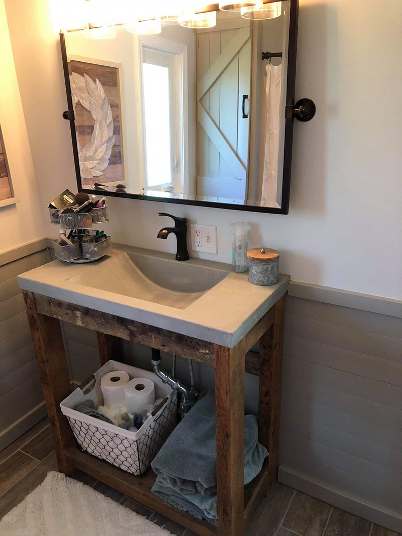Concrete Vanity Top 1/2 Barrel Style Integral Sink W/reclaimed Wood