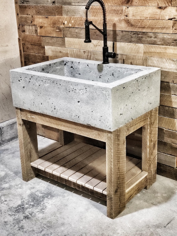 Neutral Gray Concrete Farmhouse Sink with Reclaimed Barnwood Vanity