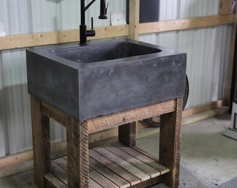 30" Warm Gray Concrete Farmhouse Sink With Reclaimed Wood Base.