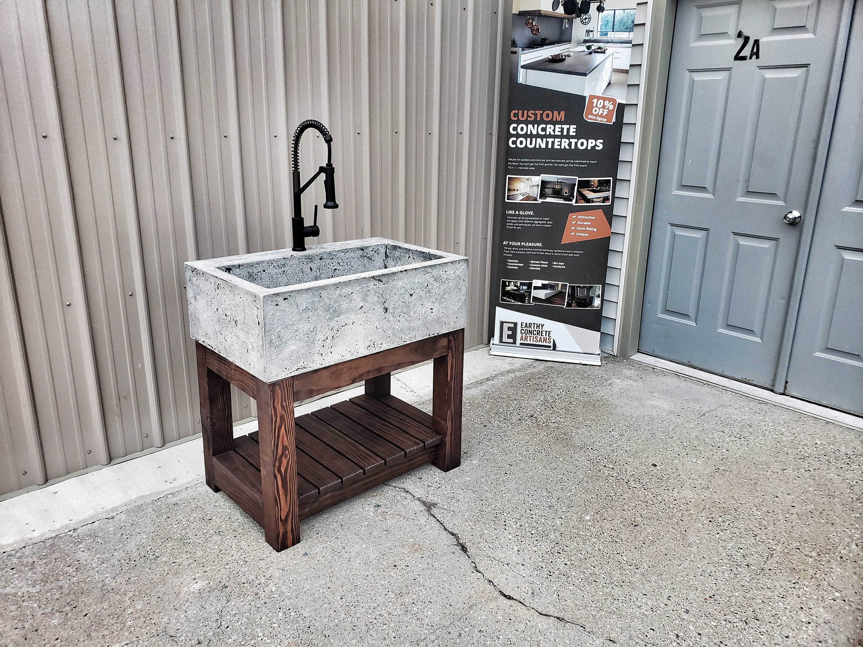 Handcrafted Concrete Farmhouse Sink With Walnut Stained Base