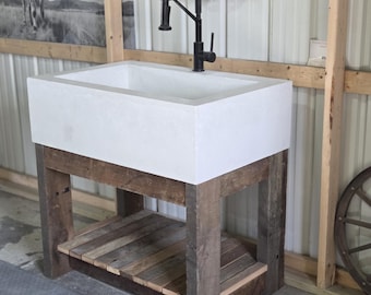 White Concrete Farmhouse Sink with Reclaimed Barnwood Base.