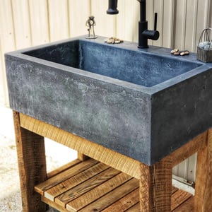 Dark Blue/Gray Slate Concrete Farmhouse Sink W/ Reclaimed Wood Base.