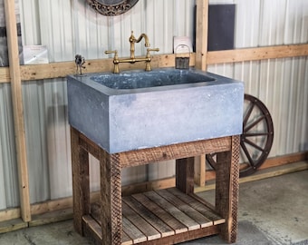 30" Light Blue Concrete Farmhouse Sink With Reclaimed Wood Base.