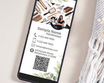 Digital business card with QR Code; Hair Dresser; Hair Stylist; Hair Salon; No Canva Needed