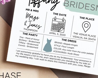 Bridesmaid info card template, Bridesmaid Proposal Card, Editable Bridesmaid, maid of Honor Card, Bridal Proposal Card, Matron of Honor