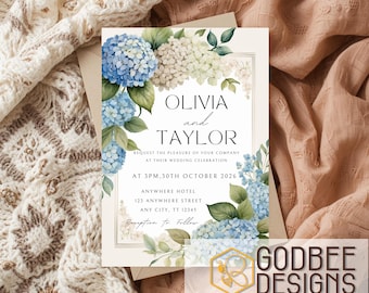 Convite de casamento elegante com hortênsias | Convite de casamento floral azul | Modelo editável no Canva | Conjunto de convites de casamento para imprimir