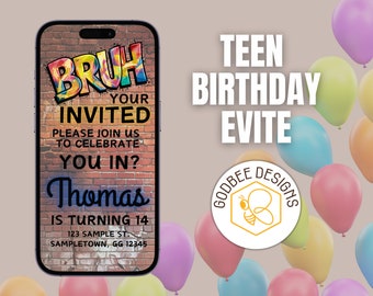 Editable Teen Pre-teen Evite, Bruh invitation, Canva Template, Instant Download, Text Message, Electronic, Digital, Popular Graffiti