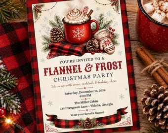 Flannel and Frost Christmas Party Invitation, Editable Canva Buffalo Plaid Holiday Invite, Rustic Hot Cocoa Party Template