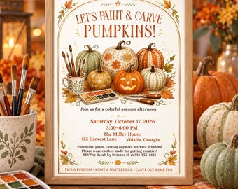 Pumpkin Painting Party Invitation, Editable Canva Pumpkin Carving Invite, Fall Autumn Kids Craft Party 5x7 Template